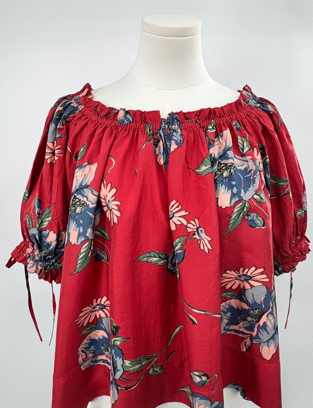 The Great. Petunia Top Red Silk Blouse FloralOff the Shoulder Boho 3 L